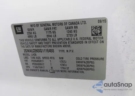 2016 Chevrolet Equinox Lt z USA, uszkodzony, nr VIN 2GNALCEKXG1116450